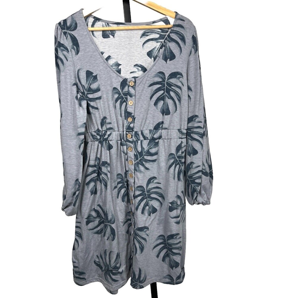 Tropical Blue Dress Long Sleeve Button Up Pockets Elastic Waist Full Skirt Large